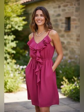 Rebecca Taylor Hot Pink 100% Silk Ruffle Dress With Elastic Waist - Size 4 EUC